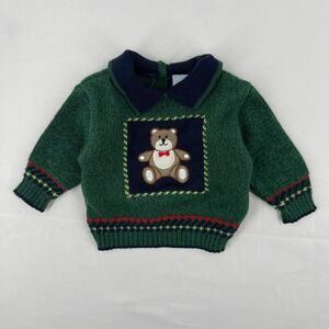 Vintage 90's Boy's Knit Teddy Bear Sweater 3 6 Months Retro Holiday Collared